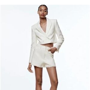 Zara Elegant White Tweed Cropped Blazer Small